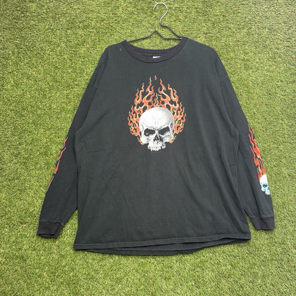 Vintage Hudson Leather Shirt Mens 2XL Flame Long Sleeve Grunge Skull y2k 2000s